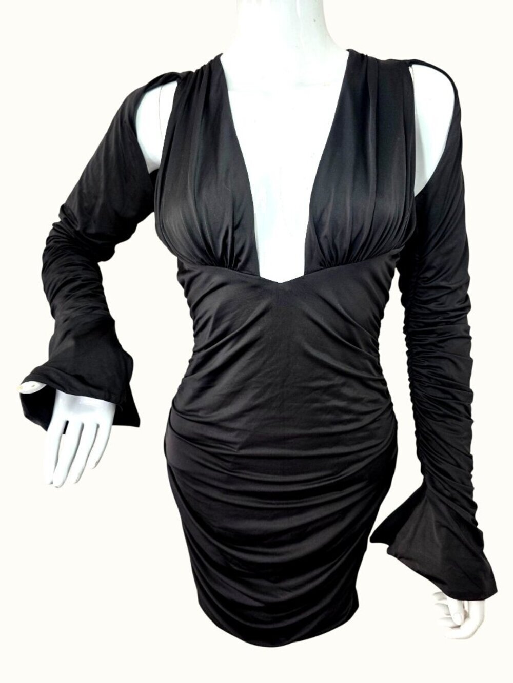 Oh Polly Black Ruched Bodycon Dress Womens US 8 Cutout Open Back Long Sleeve
